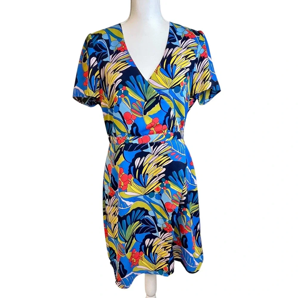 J CREW Mercantile Faux Wrap Dress Floral‎ Print Sz 10 Short Sleeve Office Work